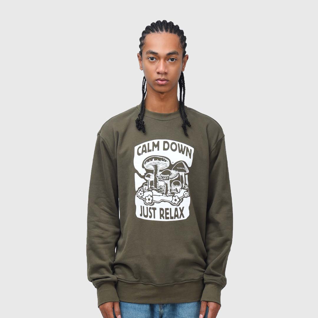 SS348 Calm Down Just Relax Olive Crewneck