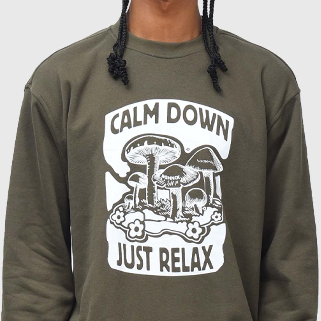 SS348 Calm Down Just Relax Olive Crewneck