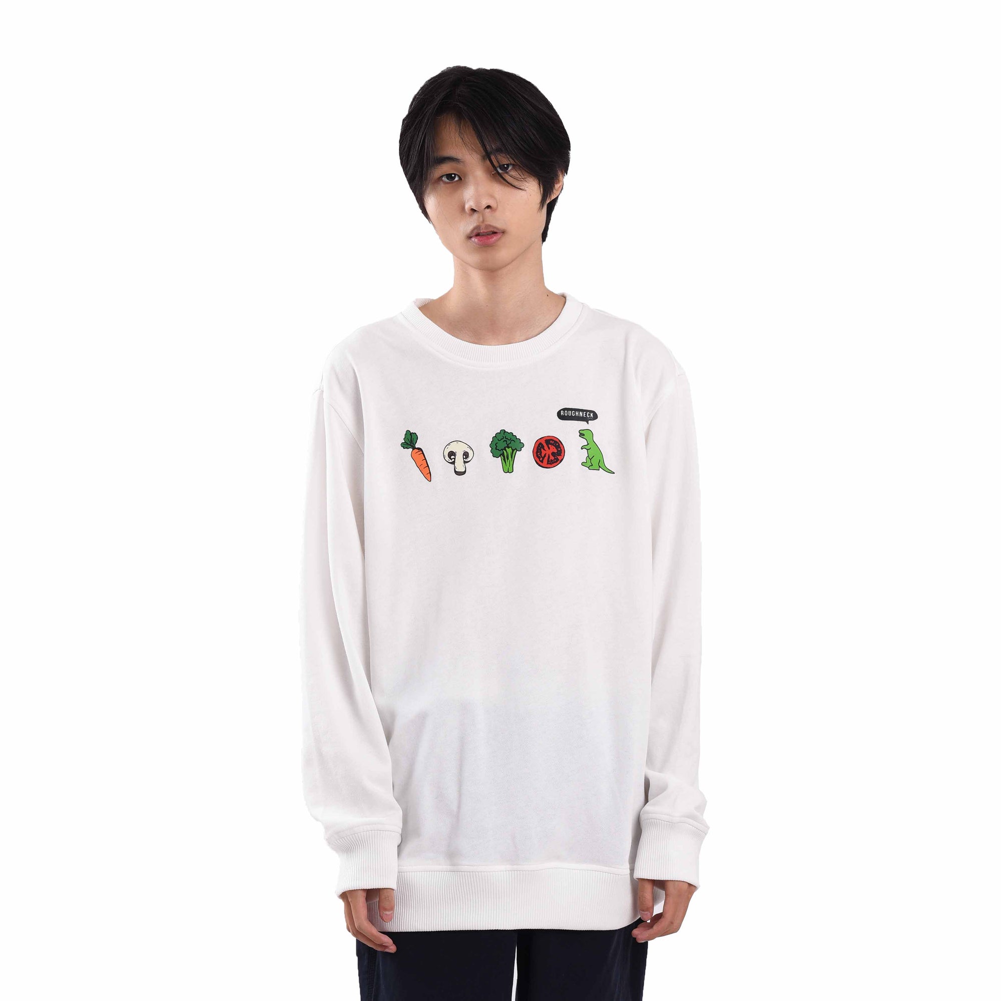 SS345 White Veggie Dino Crewneck